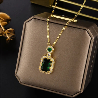 Stainless Steel Square Green Red Zircon Pendant Necklace