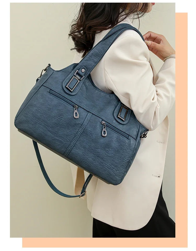 PU Top-Handle Bags Zipper Women's Bags on Sale 2024 High Quality Solid Shoulder Bags Sewing Thread Saddle Handbag Bolso