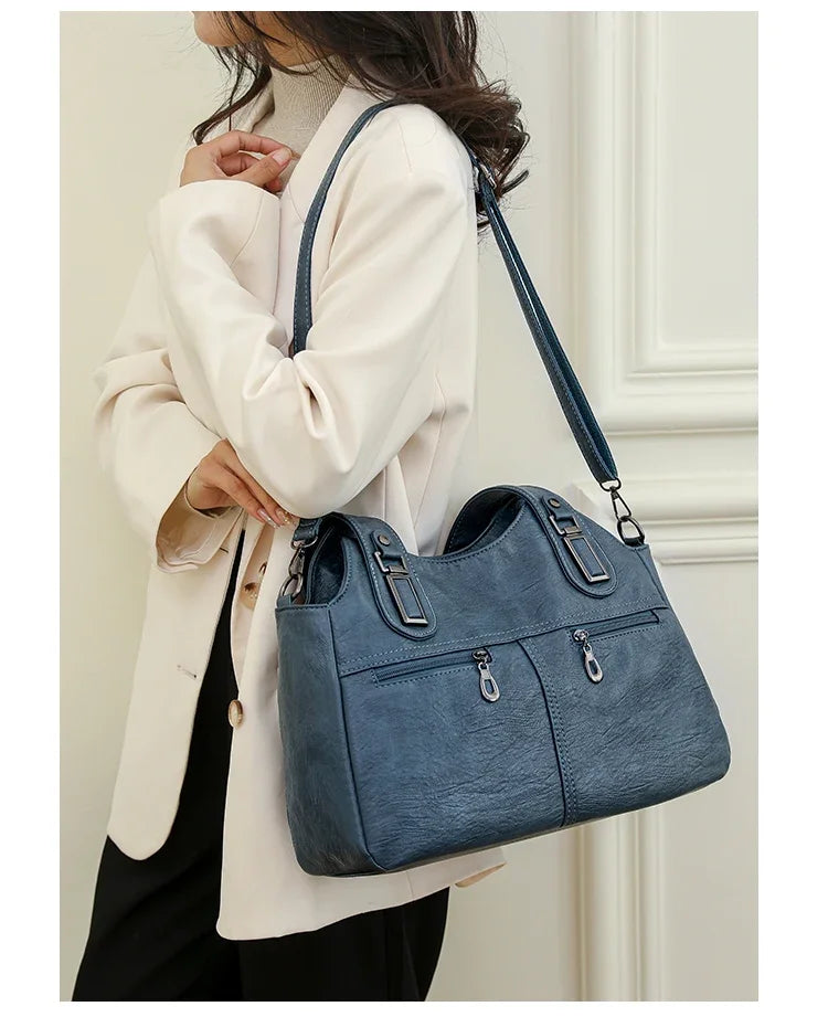 PU Top-Handle Bags Zipper Women's Bags on Sale 2024 High Quality Solid Shoulder Bags Sewing Thread Saddle Handbag Bolso