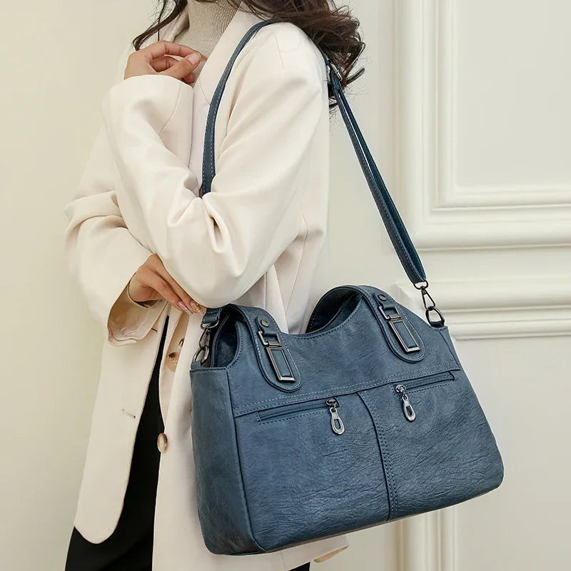 PU Top-Handle Bags Zipper Women's Bags on Sale 2024 High Quality Solid Shoulder Bags Sewing Thread Saddle Handbag Bolso